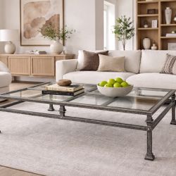 Mid-Century Modern Wrought Iron & Glass Coffee Table – Oversized, Architectural