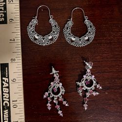 2 pr Indian Bollywood Dangle Chandelier Earrings Drop Silver Pink Boho Ethnic traditional   Indian Bollywood Style Earrings dangle chandelier drop rhi