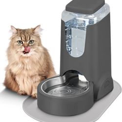 Automatic Cat Feeder with Silicone Mat, Gravity Stainless Steel Dog Water Dispenser Set for Small Medium Kitten Puppy Pets(1 Gallon, Charcoal Grey)