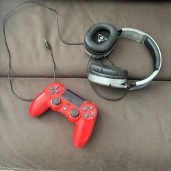 Red PS4 Remote With Wired Turtle Beach Headphones