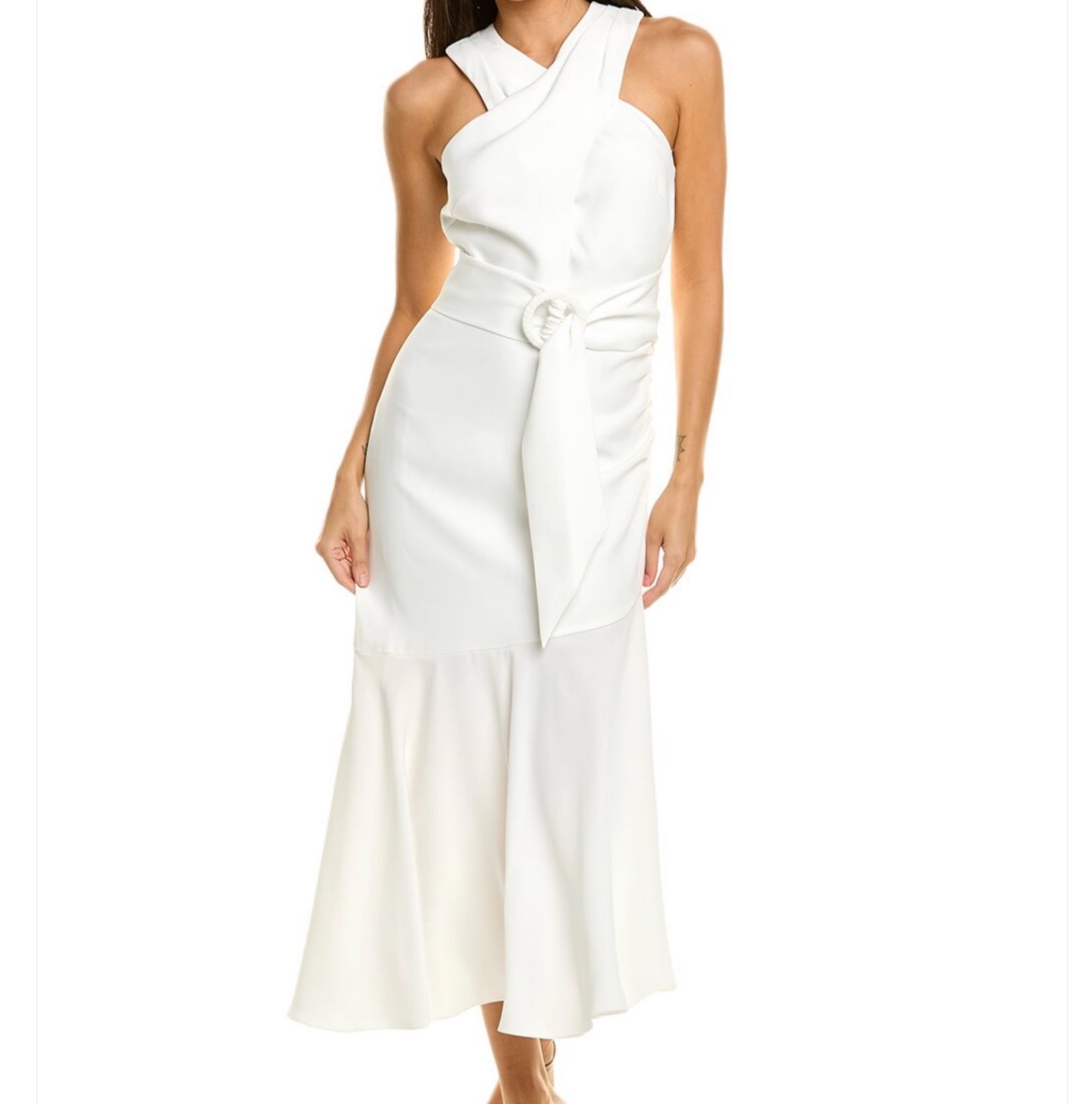 $495 SACHIN & BABI Naomi Halter Asymmetric Midi Dress | Ivory | Size 14