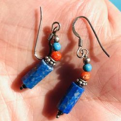 Genuine sterling silver earrings with lapis lazuli, turquoise, and red coral beads.