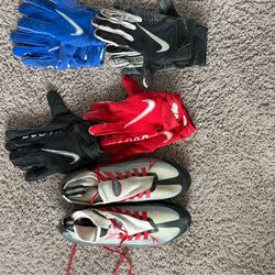 Cleats and 4 pair of Gloves
