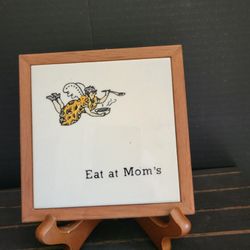 "Eat At Mom's" Signed Wood Framed Glazed Tile Wall Art One Of a Kind 5"x5"