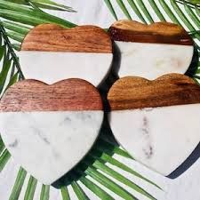 Heart Shaped Marble & Natural Wood Coaster/ Trivet