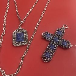 2 Blue Lapis Lazuli  Pendants With Chain 
