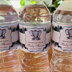JUNGLE SAFARI ELEPHANT boy blue baby shower water bottle labels