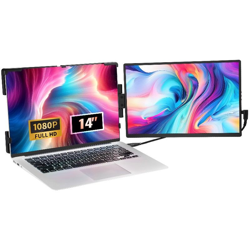 VEVOR Portable Laptop Screen Extender, 14" FHD 1080P IPS Dual Extended Monitor for 13"-17" Laptop, Swivel Portable Monitor USB-C/USB-A/Mini HDMI Port,