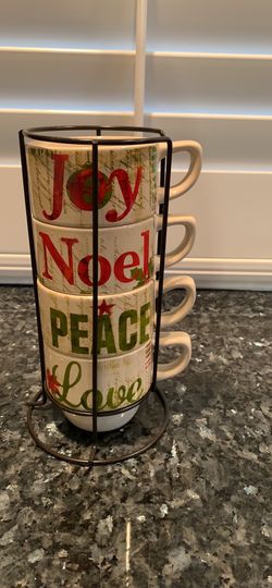 Pier 1 Imports 4-Stacking Christmas/Holiday Mugs/Coffee Cups-Love, Joy, Peace, & Noel