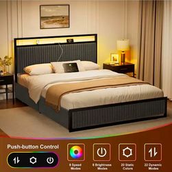 Upholstered Full Bed Frame with 2 Storage Drawers, LED Headboard, USB Ports, Dark Gray