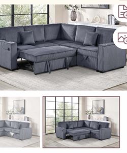 $550.  Sectional Pull Out Bed With Storage USB Cup Holder Available,I Ivory,Dark Gray,Corduroy