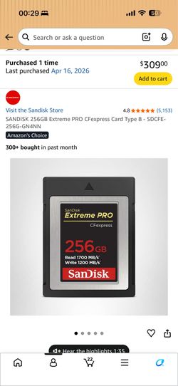 SANDISK 256GB Extreme PRO CFexpress Card Type B