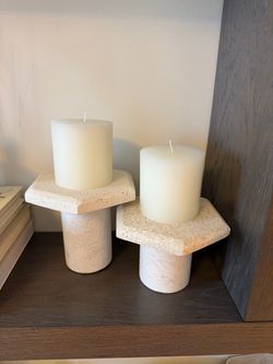 CB2 Roca Travertine Candle Holders + Pillar Candles – Set of 2