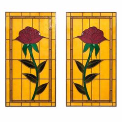 Pair of Vintage Stained Glass Rose Panels Matching Set of 2 Handmade 1970s 