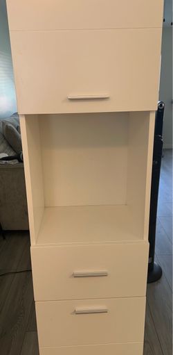 White Storage Cabinet with Drawers and Open Shelf