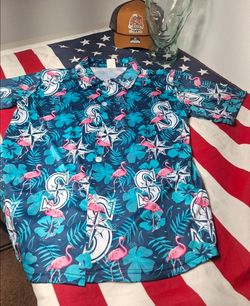 Seattle Mariners 100% Polyester Pink Flamingo Hawaiian Baseball Short Sleeve  shirt sz Med