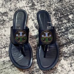 Tory Burch Benton Band Flat Sandals Calf Leather Royal Navy Size 9.5M