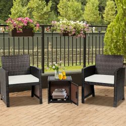 Outdoor Wicker Patio Furniture Set with Storage Table, Metal Frame, Protective Cover and Padded Chairs Included, Easy Assembly for Garden