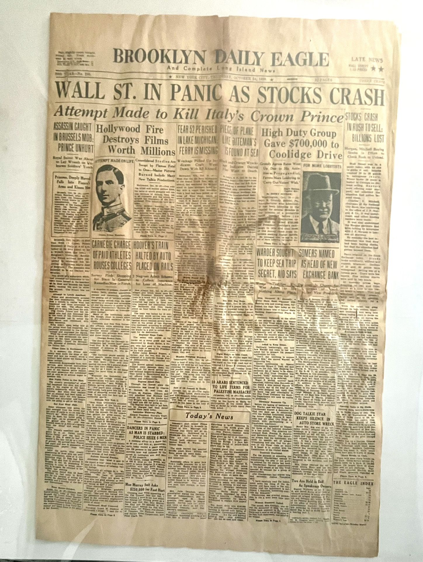 OCT 24 1929 BROOKLYN DAILY EAGLE NEWSPAPER (REISSUE) "WALL ST. IN PANIC AS STOCKS CRASH"