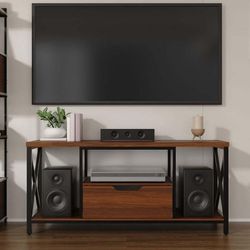 TV Stand with Drawer for TVs up to 60 Inch, Industrial TV Console Table with Open Storage Shelves, Modern Entertainment Center for Living Room, Brown 