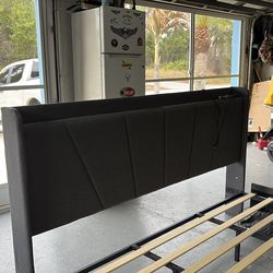 Stylish dark gray upholstered King bed frame