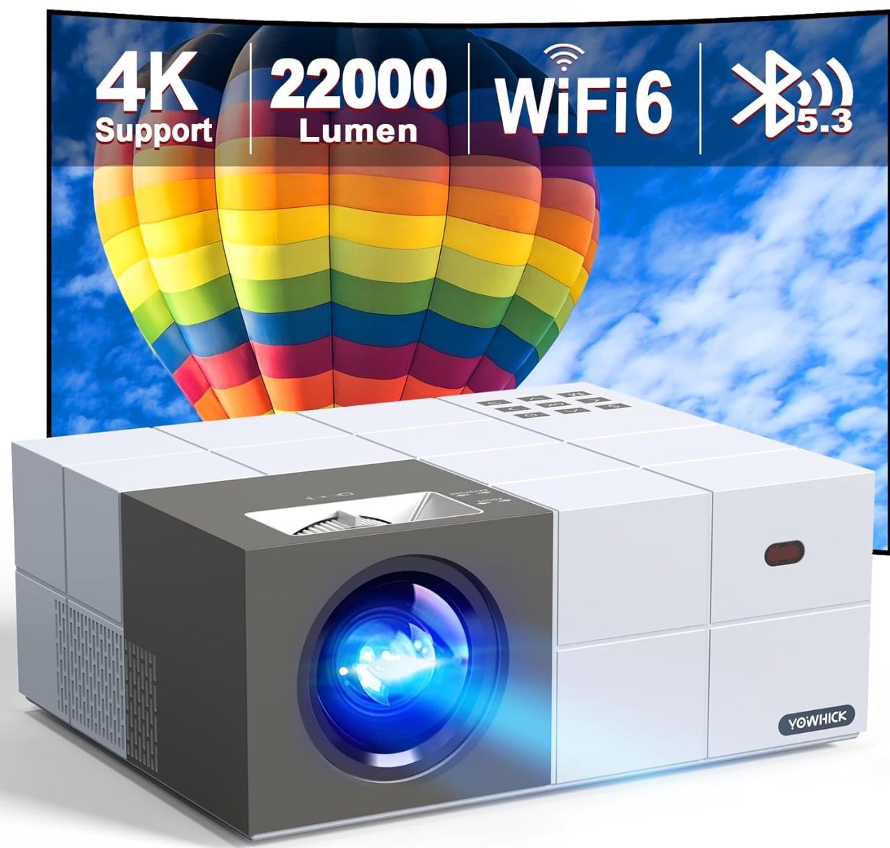 4K Projector with WiFi 6 and Bluetooth 5.3, 22000L Smart Movie Projector, Outdoor Phone Video Projector with 100" Screen, 50% Zoom/450" Display, Compa