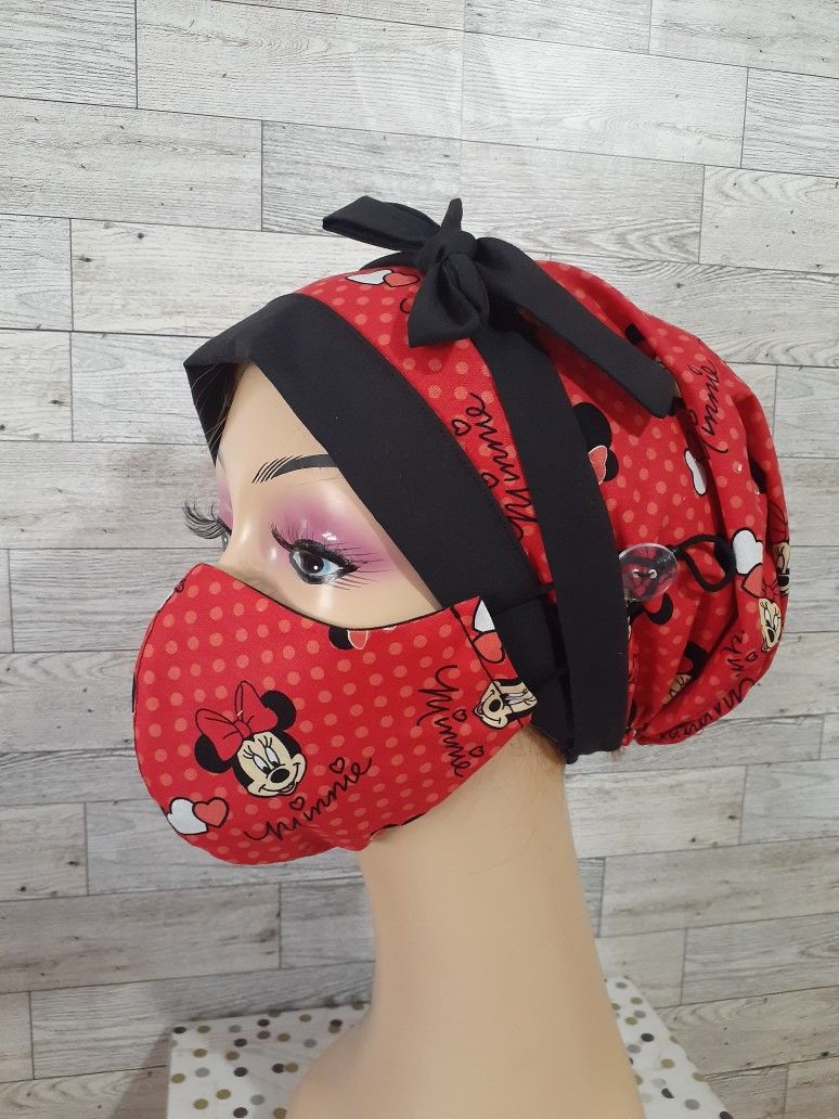 Minnie Mouse Surgical Scrub Hat Set Ponytail Doctor Nurse Chemo Chef Cotton Bouffant Head Wrap With Buttons