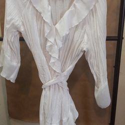 New Ashley Stewart White Striped Ruffle Wrap Blouse Ruffle Around The Sleeve 3/4 Sleeves Size 14 New Never W O R E