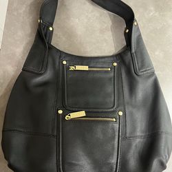 🌼LIKE NEW Leather Hobo Slouchy Shoulder Black Boho Bag Purse Gold Trim XL Large