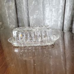 Vintage Anchor Hocking Pressed Cut Glass Butter Dish w/ Cover ~Star Pattern
