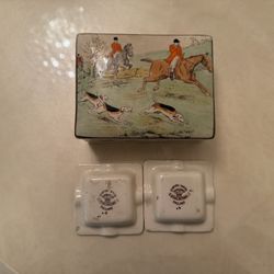 Vintage Empire ware England Pottery Hand Painted Cigarette Box and 2 ash trays