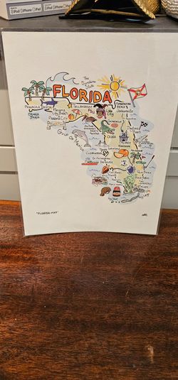 Florida Map Art Signed Watercolor illustration 9x12 very cool