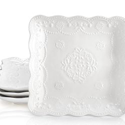Set of 4 Square Embossed Ceramic Plate, 10 Inch Elegant Dinner Plates Ivory White, Appetizer Salad Serving Plates Kitchen Plates for Christmas Afterno
