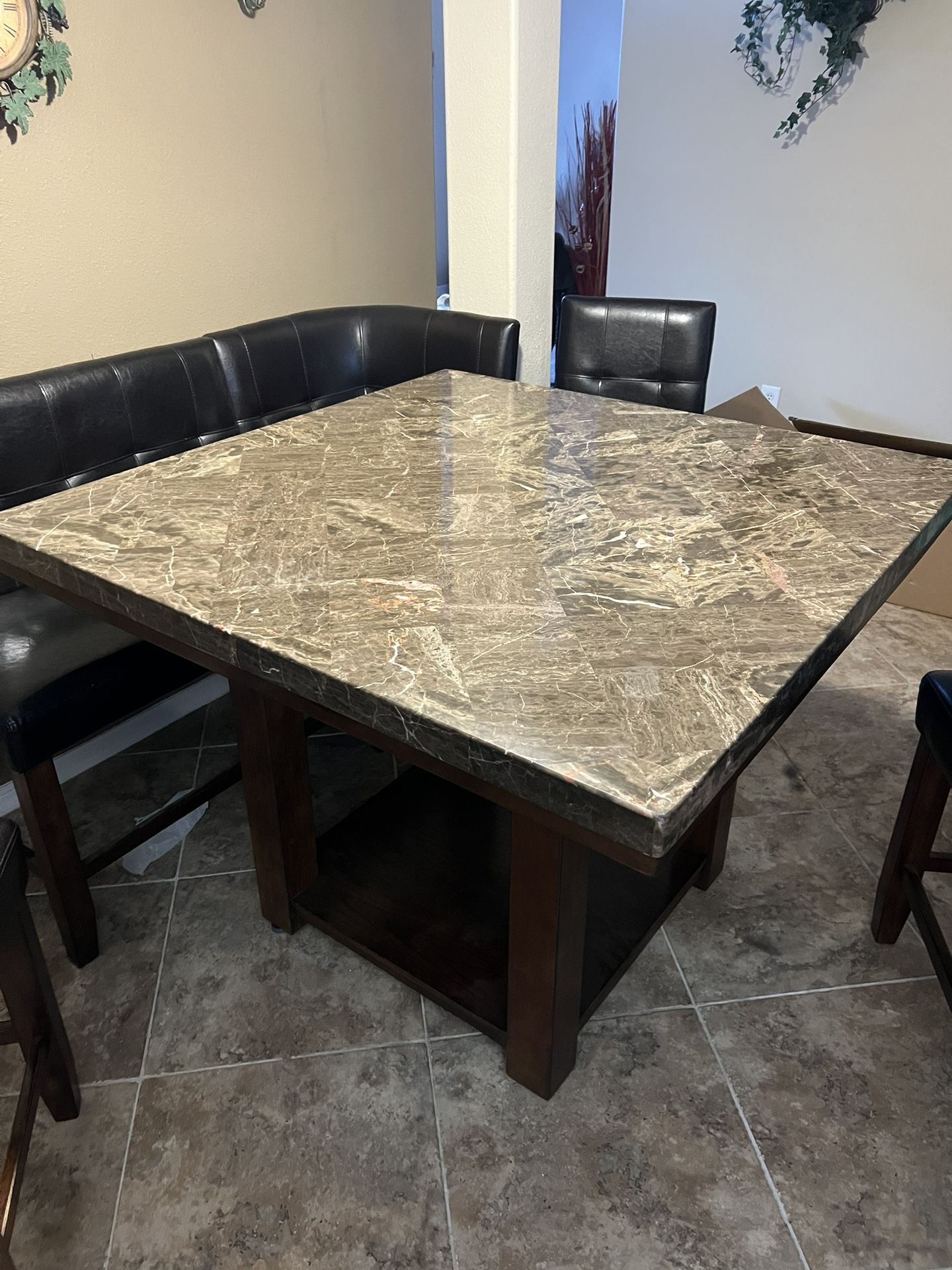 Kitchen Pub Table, 2 Bench Seats And 2 Chairs . Marble Top