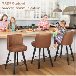 Swivel Counter Height Bar Stools Set of 2, 26'' Modern Barstools with Backs and Metal Legs, Upholstered Bar Chairs, Faux Leather Dark Brown Stools for
