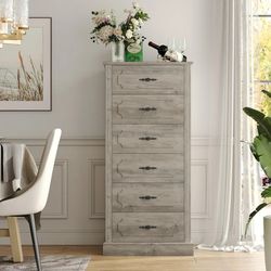 6 Drawer Chest Gray Vertical Dresser for Bedroom, 51'' Wood Storage Cabinet with Classic Handle