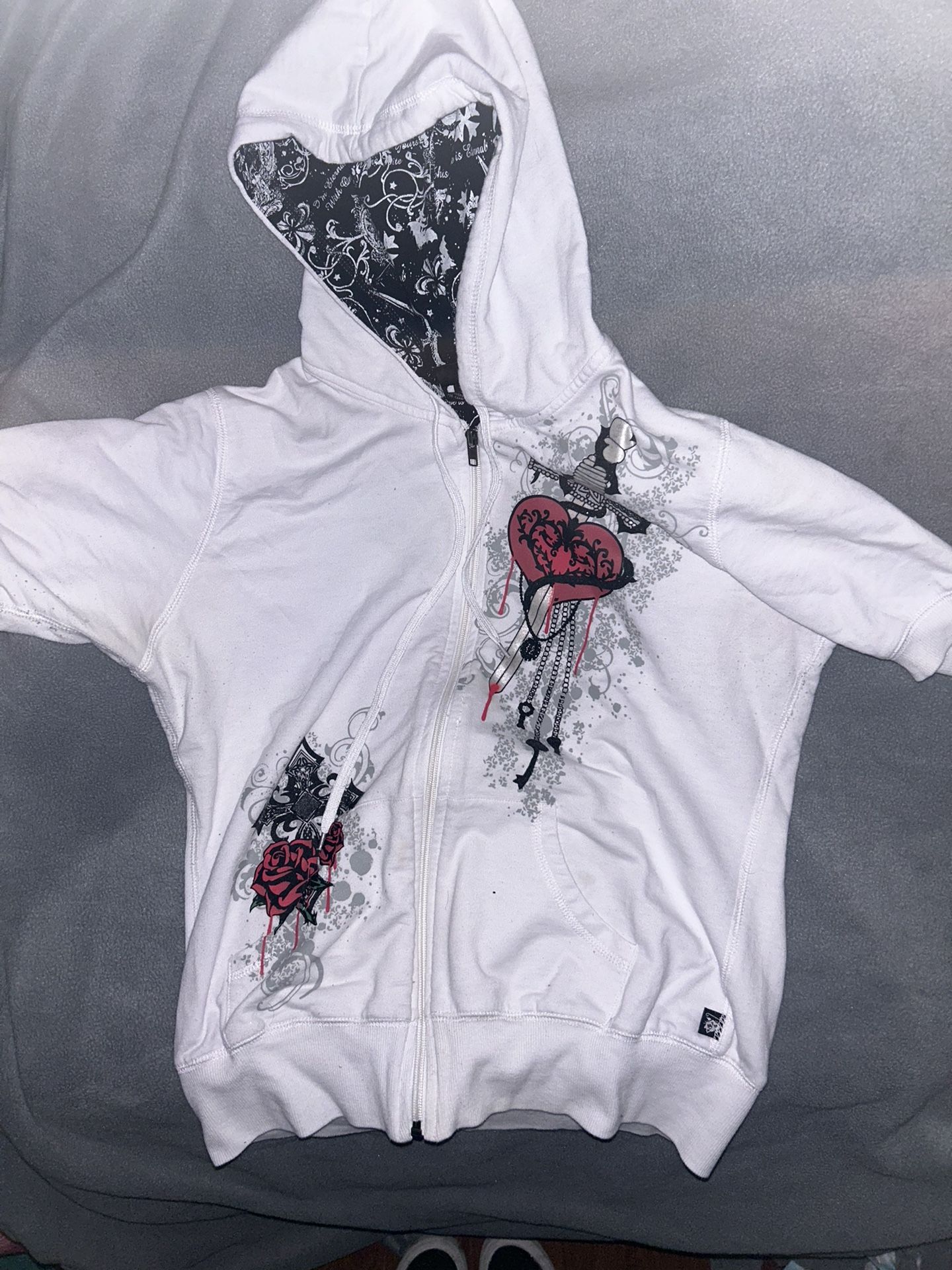 White and black Self Esteem zip up hoodie