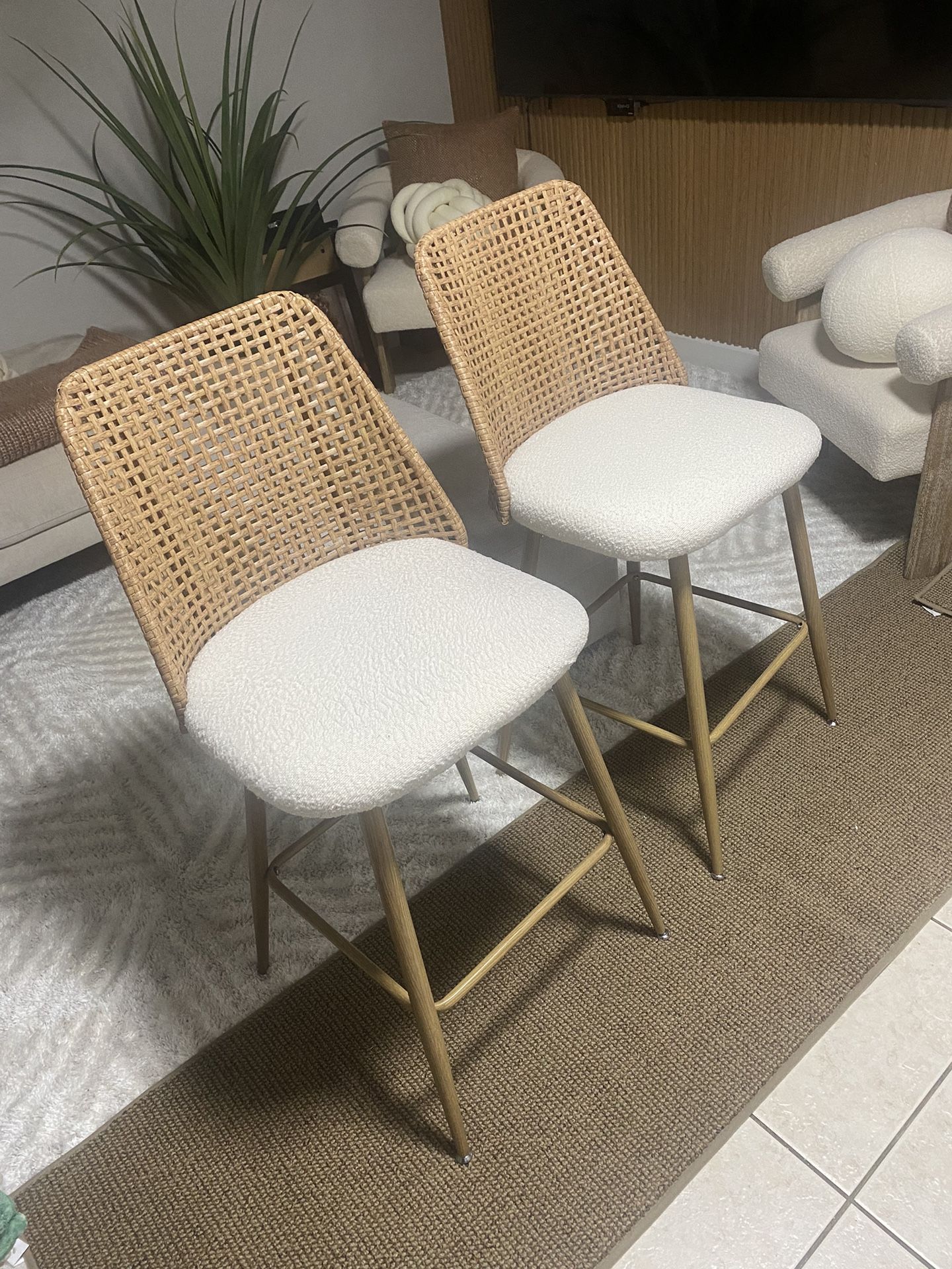 Aliette 27" Upholstered Boucle Rattan Full Back Counter Stool Set Of 2 $140