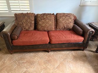 Traditional Leather and Fabric Sofa with Nailhead Trim