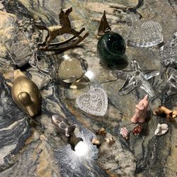 glass figurines, brass duck, sailboat, mini porcelain animals, Waterford rocking horse,  prices in description 