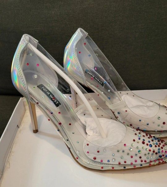 nine west heels 8.5 clear shinny, Women's Transparent Rhinestone Pump, holidays 