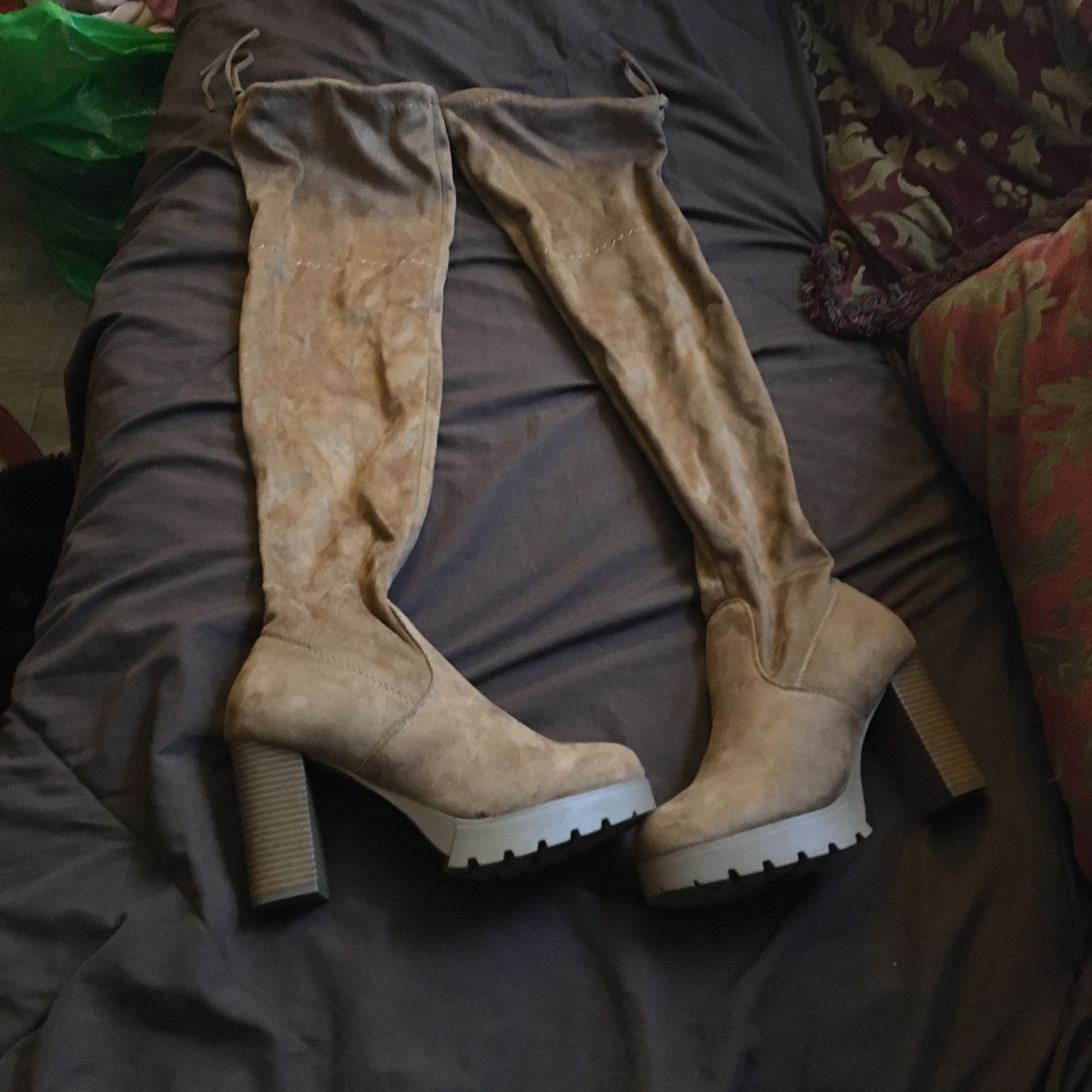 Thigh High Healed Platform Tan Boots