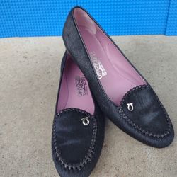 Salvatore Ferragamo Solid Black Calf Hair Loafers Flats Shoes Size 9