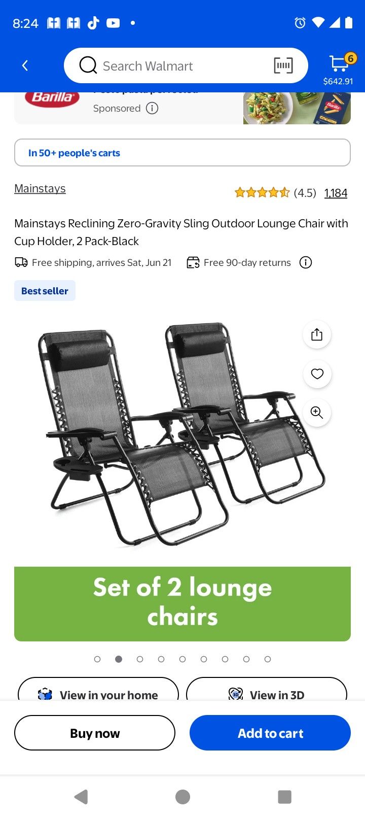 Mainstays Reclining Zero-Gravity Sling Outdoor Lounge Chair with Cup Holder, 2 Pack-Black