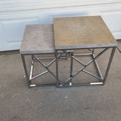 2 Modern End Tables Like New $40 The Pair, Beautiful Chrome Base, Stone Look Tops 