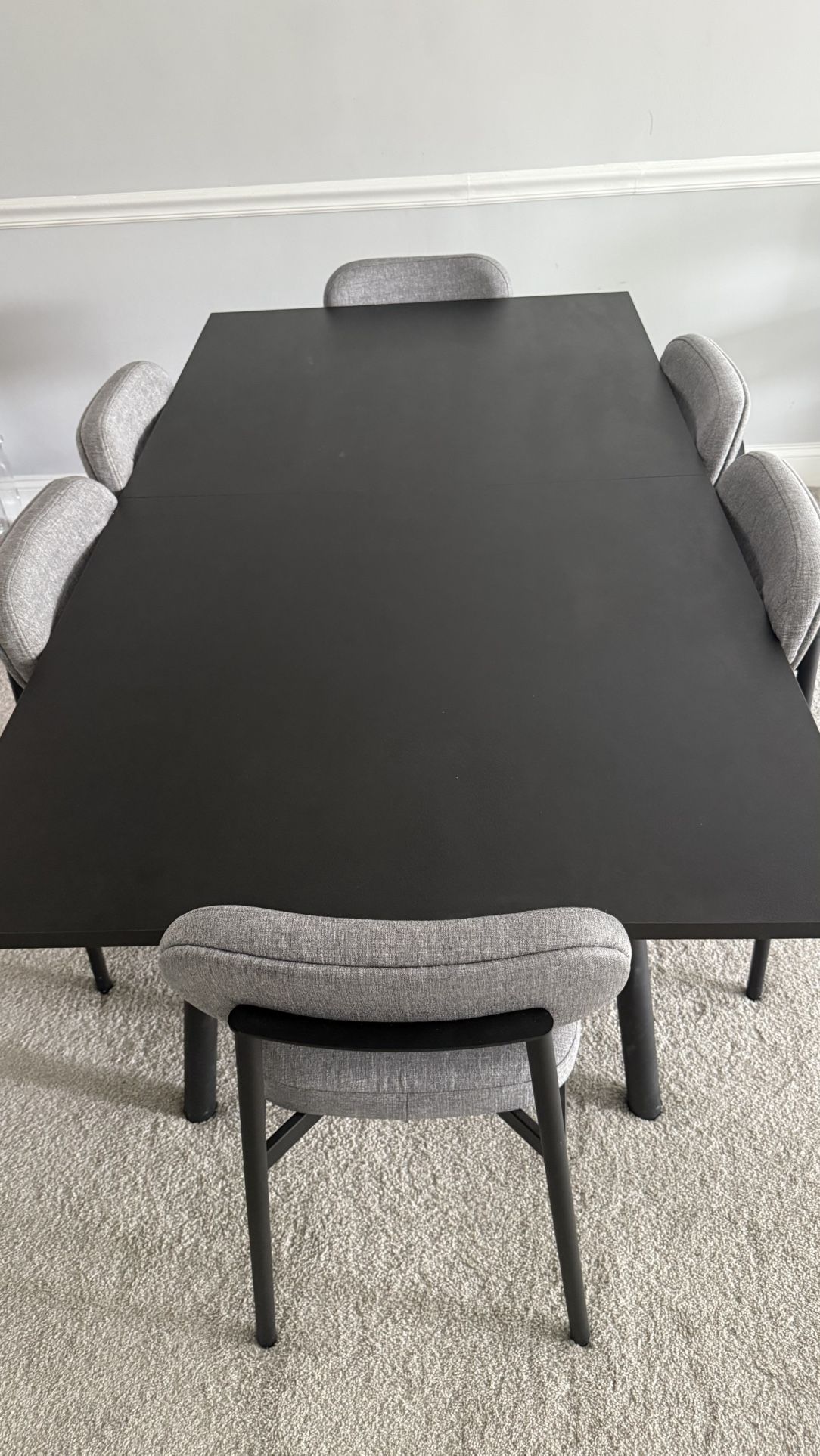 Modern Extendable Dining Table Set – Seats 6 to 8 | Black Table + 6 Gray Chairs