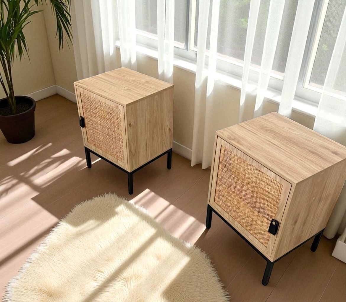 Set of two rattan cabinet nightstand table