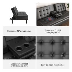 Mainstays Memory Foam Futon with Cupholder and USB, Black Faux Leather