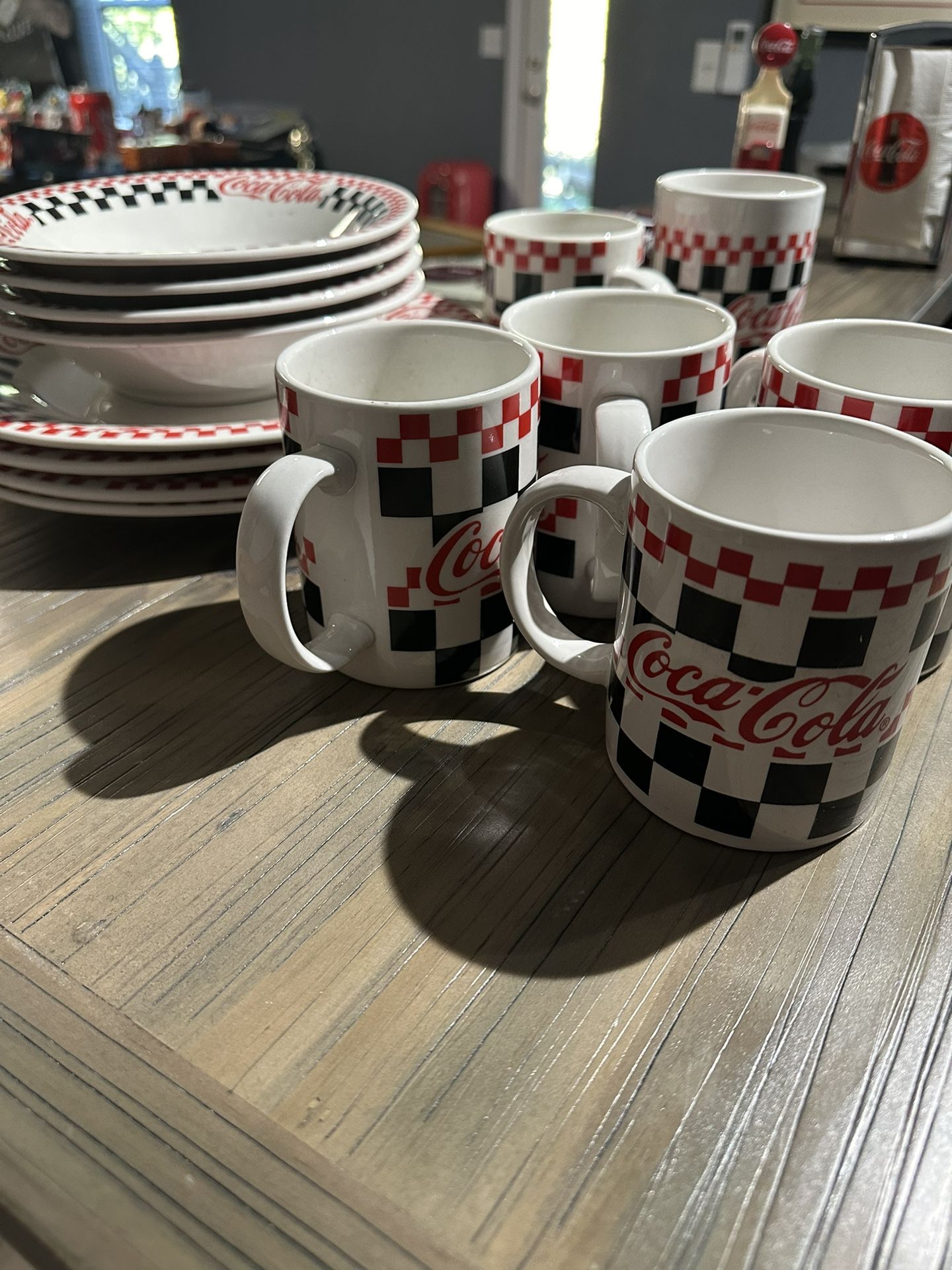 14 pc Coca-Cola Collectible Dish Set Checkered Pattern Gibson Plates Bowls Mugs