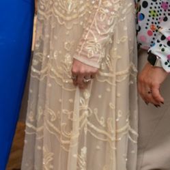 Women's Mac Duggal Sequined Illusion High Neck Long Sleeve Midi Dress